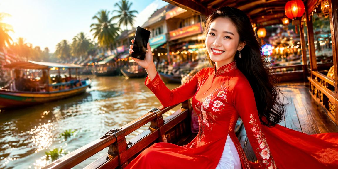 Người phụ nữ mặc áo dài tại vùng Mekong tham gia xổ số và lô đề trực tuyến