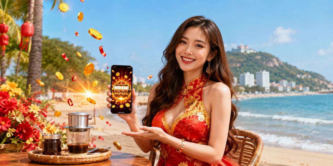 Người dùng tại Vũng Tàu chơi slot game và xem kèo thể thao trong quán cà phê ven biển